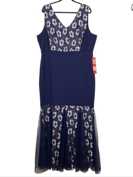 candalite Dresses & Skirts - Candalite 3X Navy‎ Silver Lace Mermaid Maxi Gown NWT